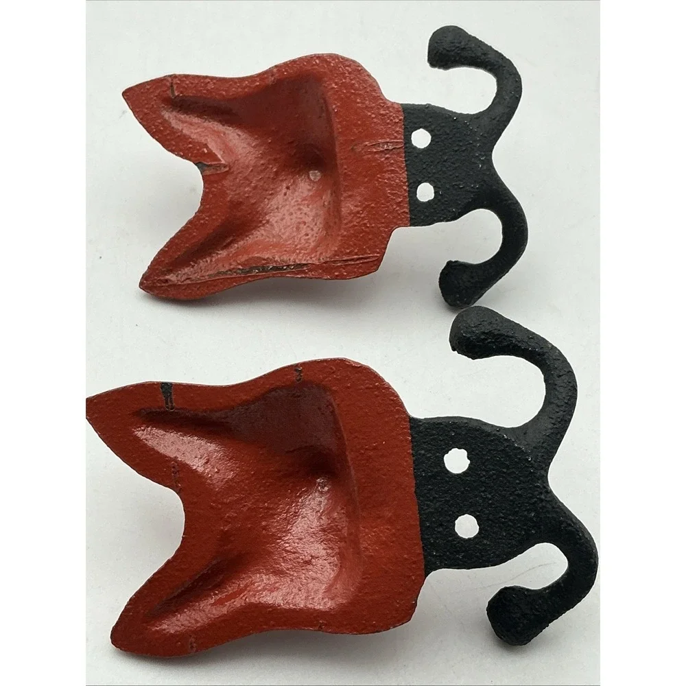 Vintage Cast Iron Fox Head Wall Hooks Set of 2 Red Black Coat Towel-No Screws